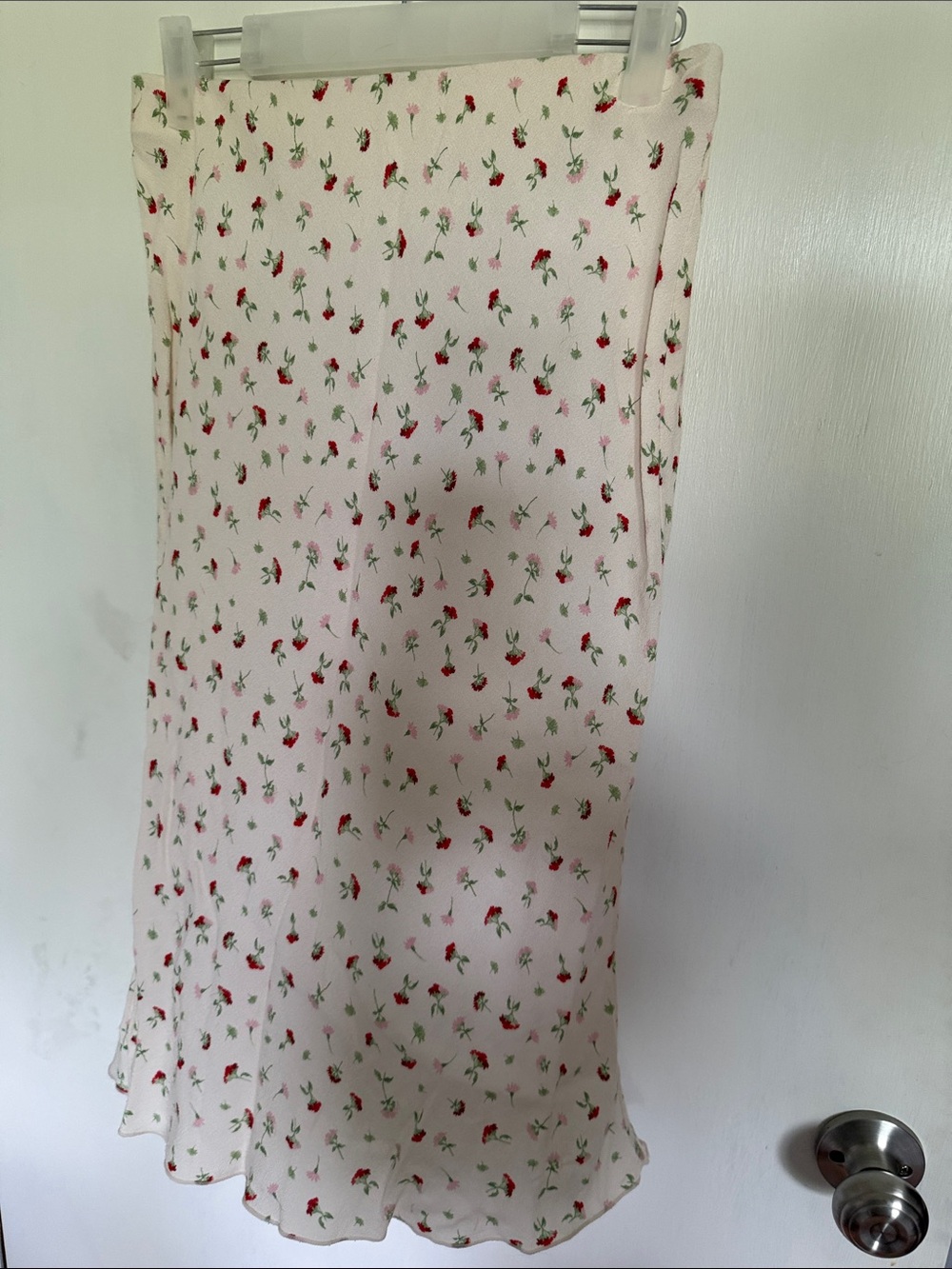 Floral Midi Skirt in Cream with Red & Green Print